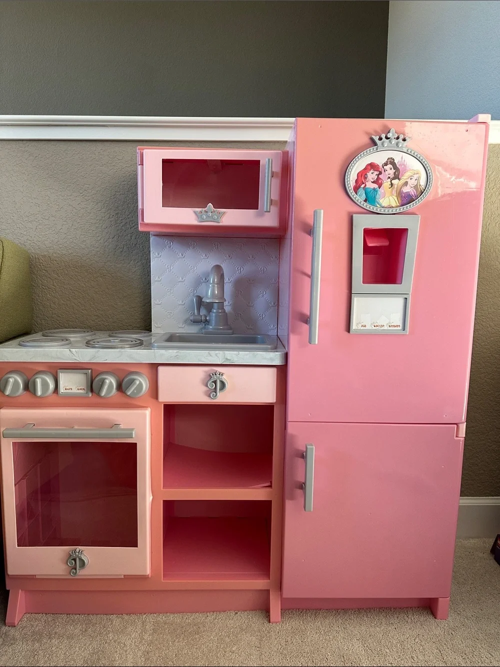 Pink Kids Disney Princess Play Kitchen with Refrigerator and Oven